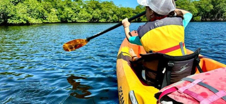 Kayakers and paddleboarders navigating the scenic waters of Oleta River State Park surrounded by lush greenery