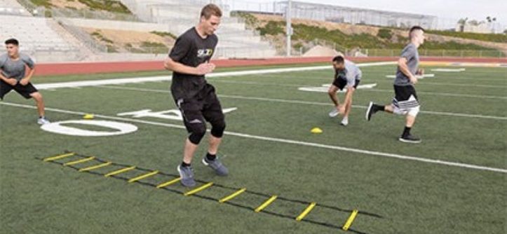 Close-up of SKLZ agility ladder used for footwork drills.