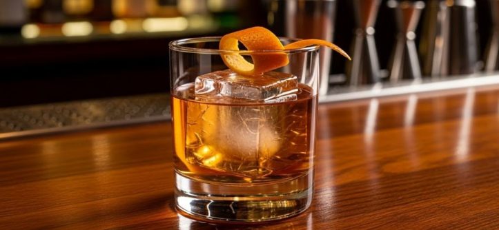 Classic Old Fashioned cocktail in rocks glass with large ice cube and orange peel garnish on wooden bar counter