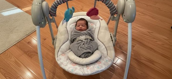 Cozy newborn in Ingenuity Soothe ‘n Delight swing with plush toys and soft padding for ultimate comfort