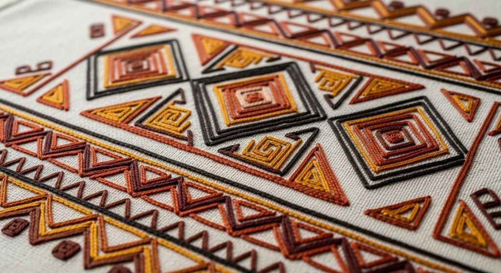 Close-up of traditional Brazilian indigenous geometric pattern embroidery on natural cotton fabric