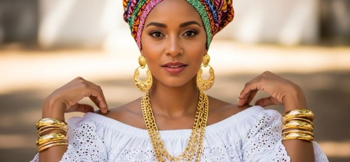 Woman wearing white lace Baiana-style blouse with colorful traditional Brazilian head wrap and gold jewelry