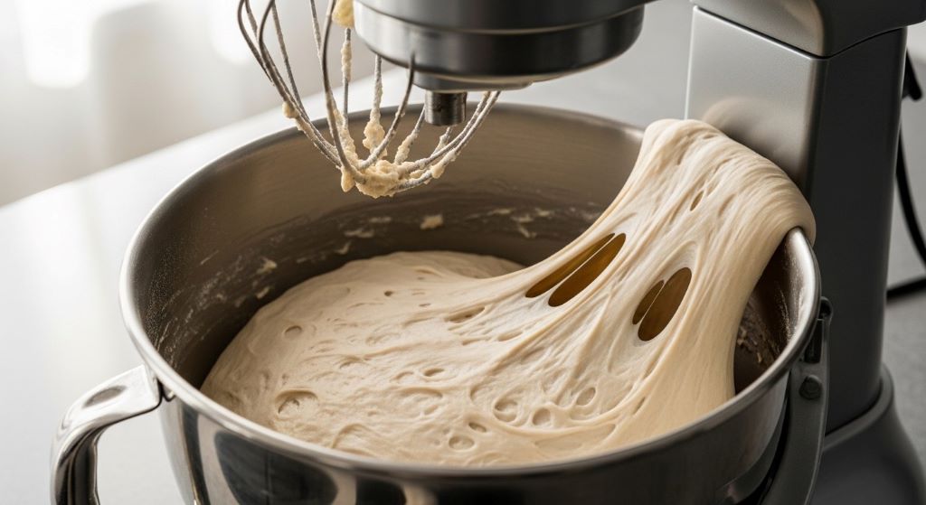Professional stand mixer with rising bread dough showing proper consistency and gluten development