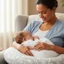 New mother using a nursing pillow in cradle hold for proper breastfeeding posture and comfort