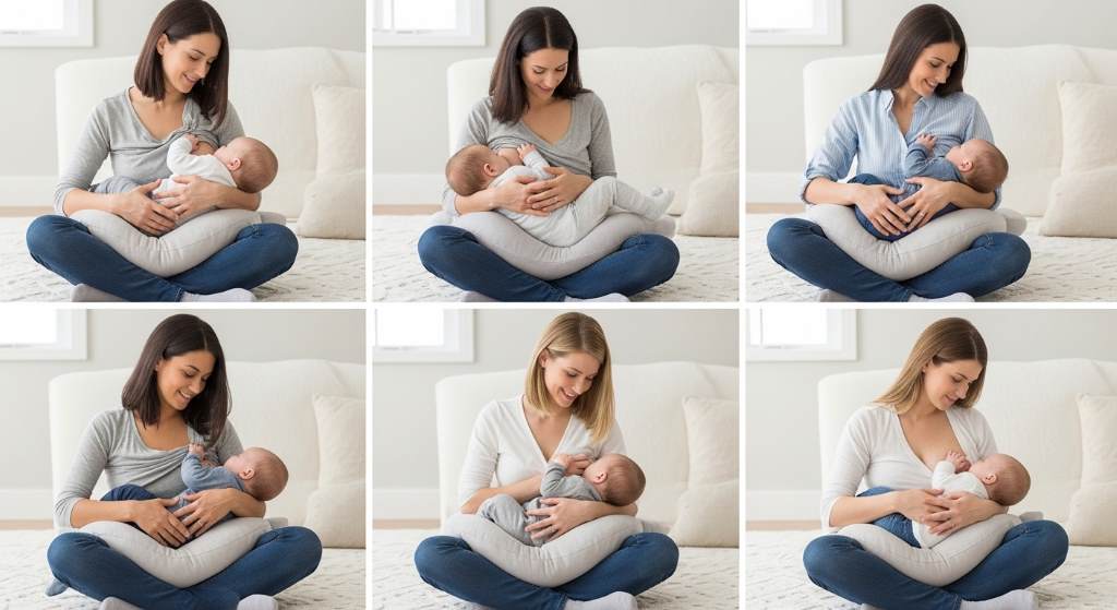 Various breastfeeding positions demonstrated with posture support pillow to reduce back strain