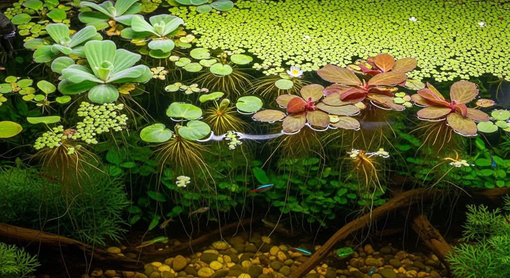 Amazon frogbit with long roots in tropical fish tank