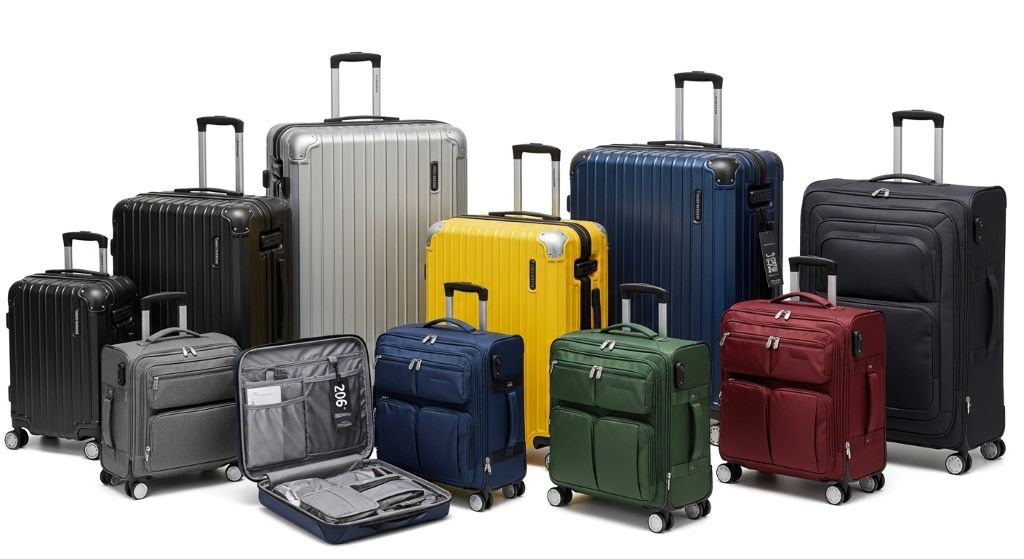 Airline approved suitcase collection showing hard shell and soft shell options with various sizes suitable for international travel in 2026