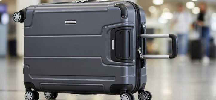 Durable carry on luggage with spinner wheels and telescoping handle meeting international airline size requirements for overhead compartments