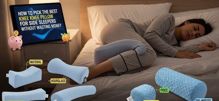 Side sleeper using memory foam knee pillow for spinal alignment support