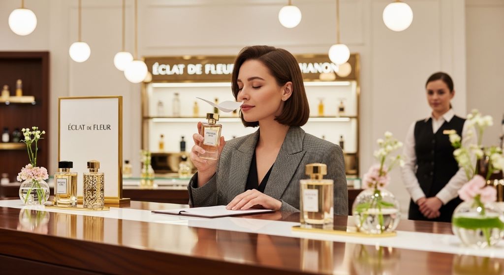 A woman testing a popular designer fragrance at a high-end perfume boutique counter