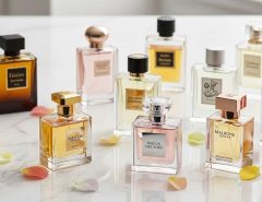 A collection of luxury designer perfume bottles arranged elegantly on a white marble surface in 2026