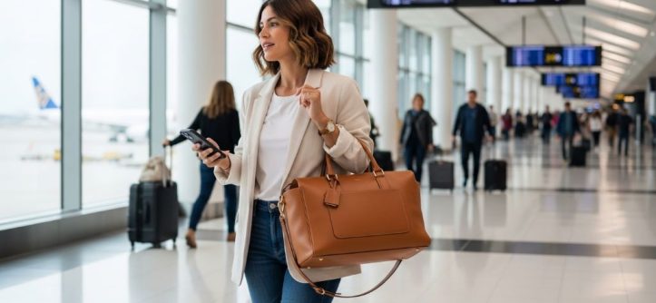 Woman carrying a structured tan leather travel tote bag through an airport terminal