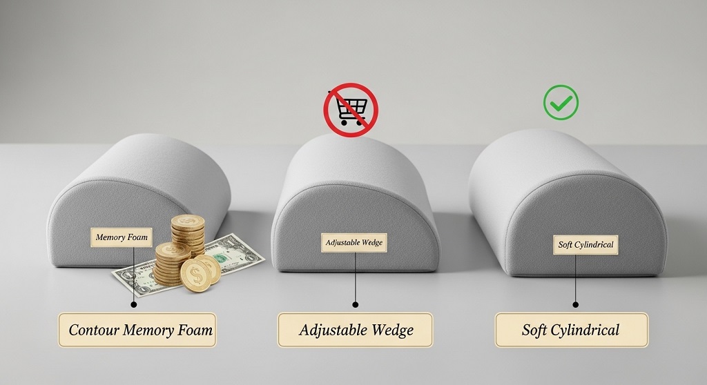 Contour knee pillow placed between legs to reduce hip pressure during sleep