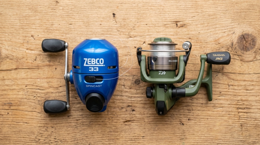 Side-by-side close-up comparison of a child's blue spincast reel and a green spinning reel on a wood background.