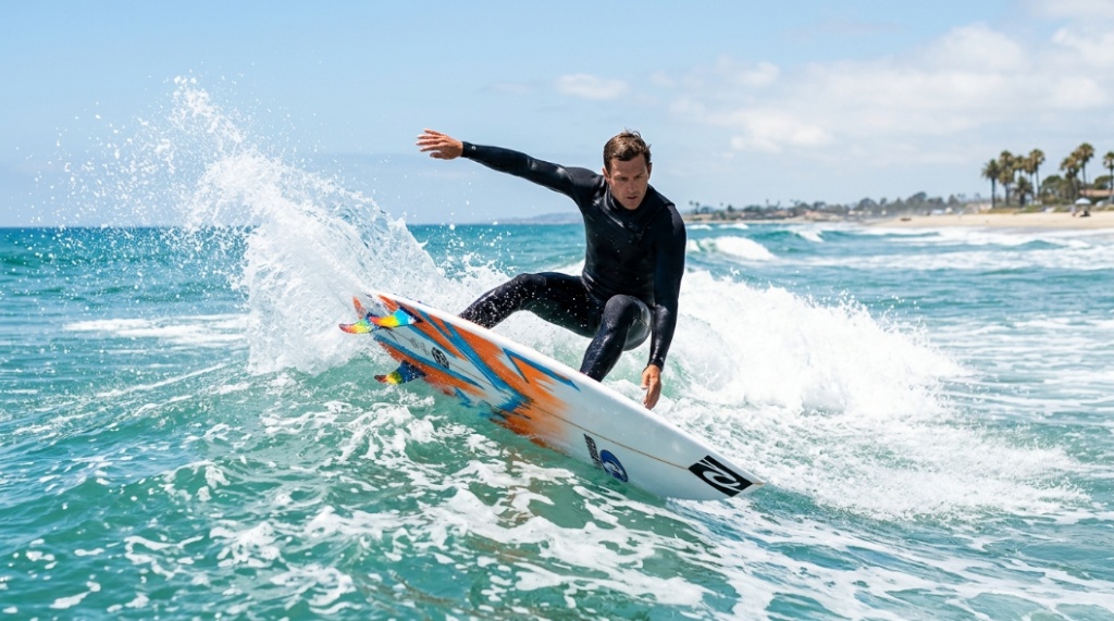 Surfer using groveler fins to generate speed and pivot on a small, weak ocean wave.