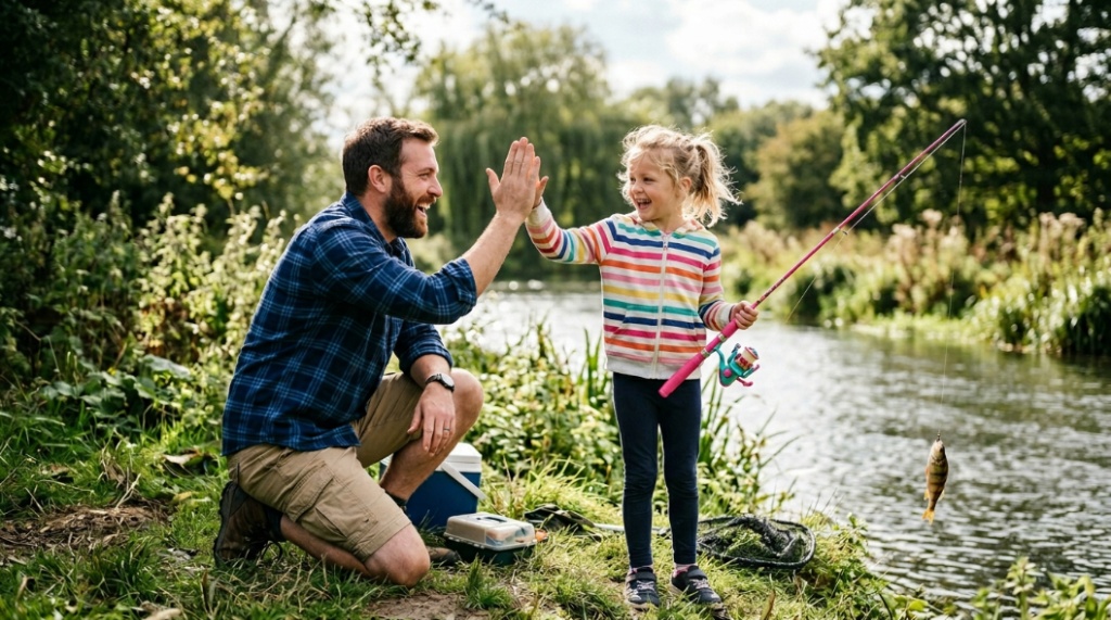 A father high-fiving his young daughter as she catches a fish using a pink kid's fishing pole.