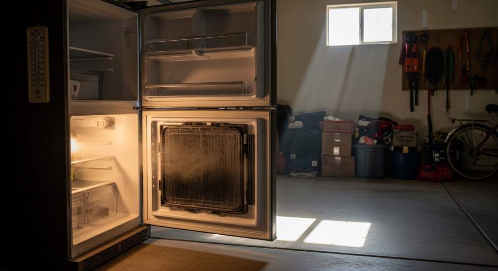 Garage refrigerator operating during extreme Las Vegas summer heat