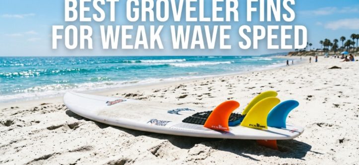 Groveler surfboard on beach with text overlay: Best Groveler Fins for Weak Wave Speed.