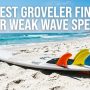 Groveler surfboard on beach with text overlay: Best Groveler Fins for Weak Wave Speed.