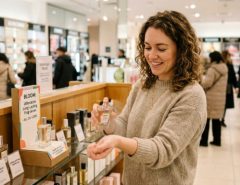 Woman spraying affordable long-lasting perfume on her wrist at a store fragrance counter