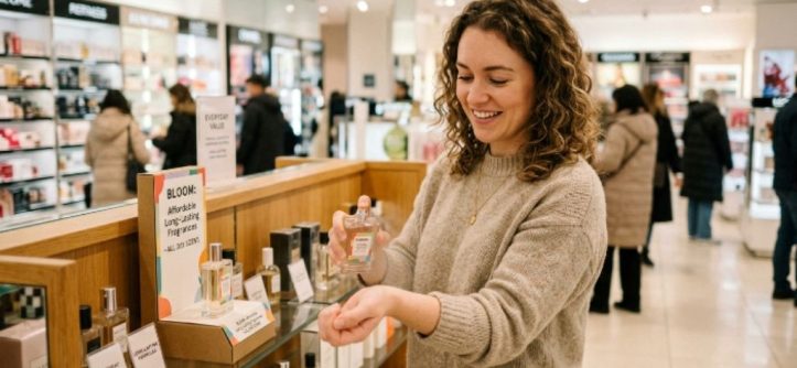 Woman spraying affordable long-lasting perfume on her wrist at a store fragrance counter
