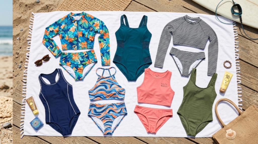 A flat lay of affordable surfing swimsuits in various styles arranged on a white beach towel