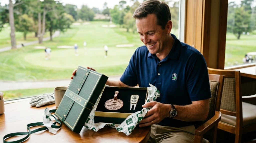 Golfer opening a thoughtfully wrapped personalized golf gift box containing a custom bag tag and engraved divot tool
