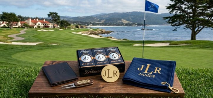 A neatly arranged set of personalized golf gifts including custom golf balls, an engraved ball marker, and a monogrammed towel on a golf course