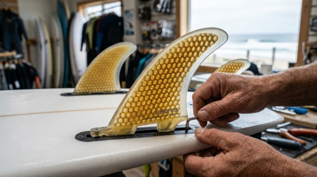 Close-up of carbon fiber honeycomb surfboard fins showing the rake and foil for small wave performance.