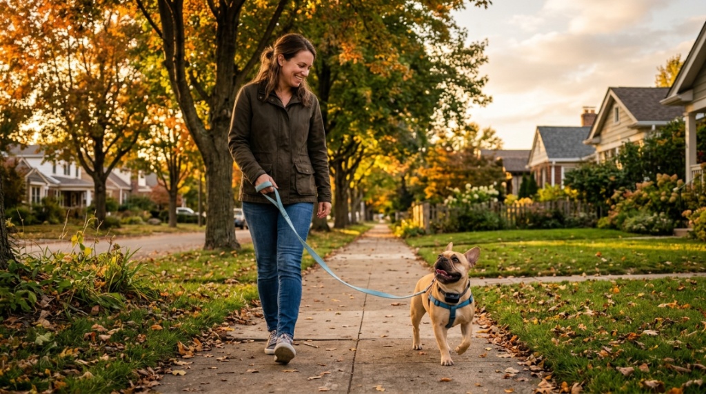 A French Bulldog wearing a no-shock collar walks calmly on a leash outdoors. 