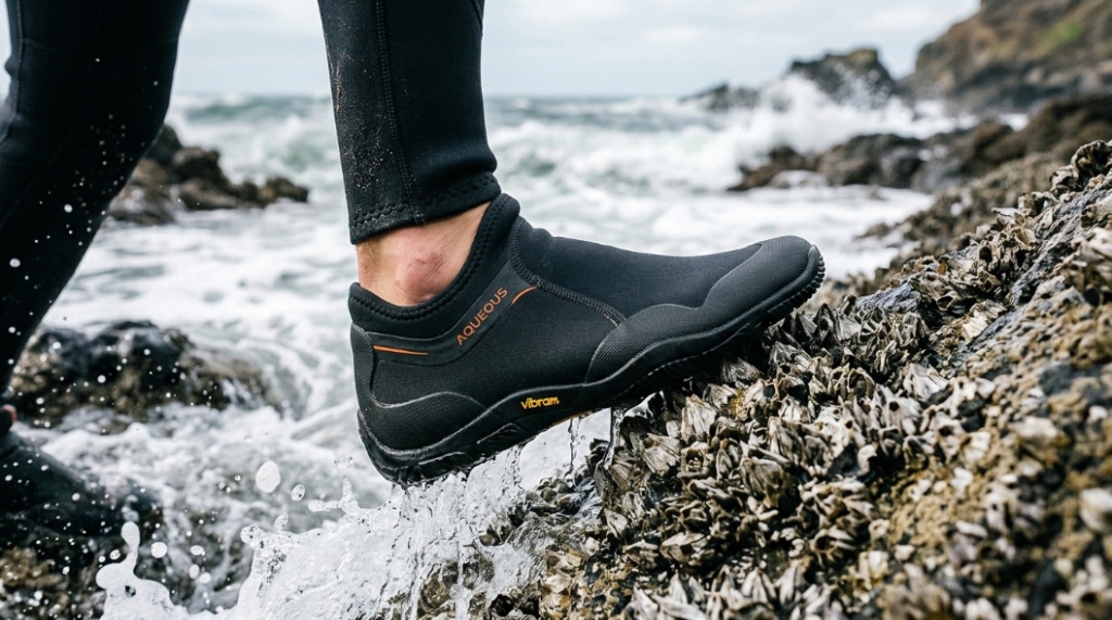 Close-up of surf shoes providing grip on sharp coastal rocks.