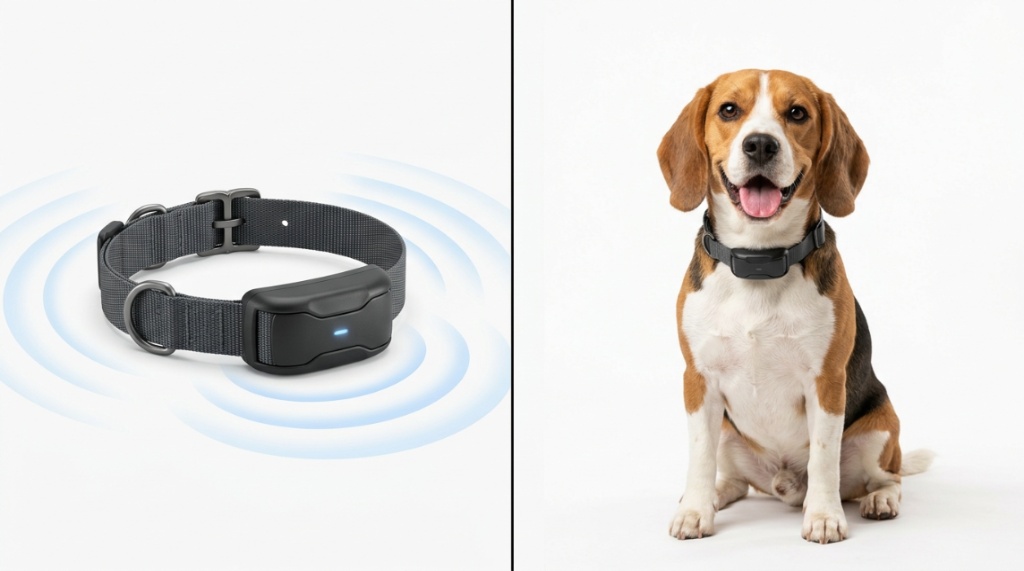 A studio shot of a humane dog collar displaying gentle vibration and sound wave symbols. 