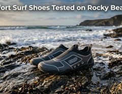 Comfort surf shoes on a rocky beach with title text overlay.