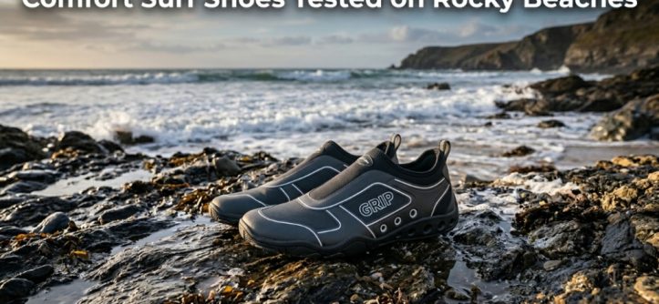 Comfort surf shoes on a rocky beach with title text overlay.