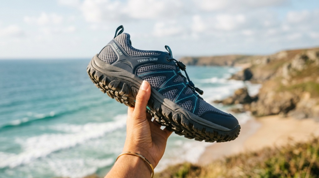Durable rubber sole of a surf shoe designed for rocky terrain.