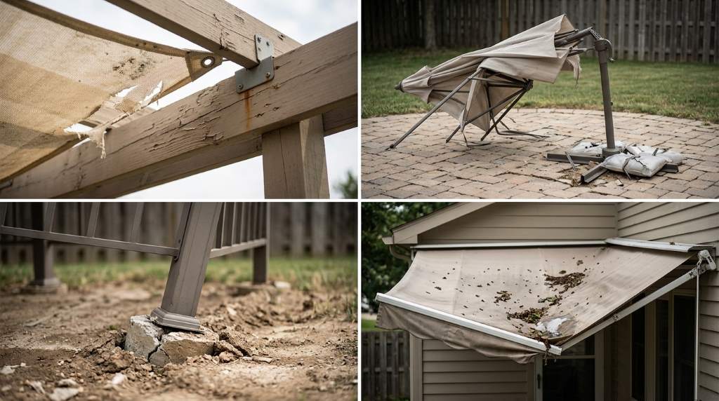 Homeowner inspecting backyard shade frame for structural wear