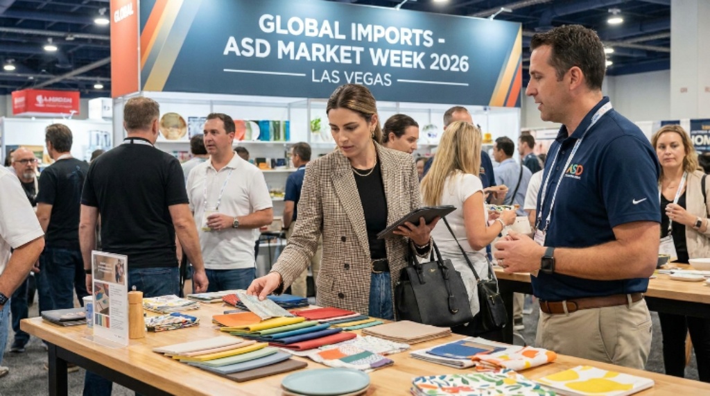 Retail buyer reviewing product samples at a wholesale booth during ASD Market Week 2026