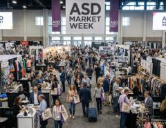 Busy wholesale trade show floor with exhibitor booths and retail buyers at ASD Market Week Las Vegas