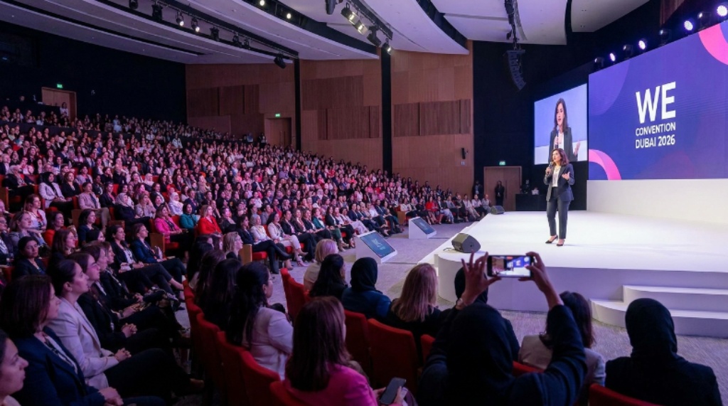 Keynote speaker presenting on the main stage at WE Convention Dubai 2026 with audience of women professionals