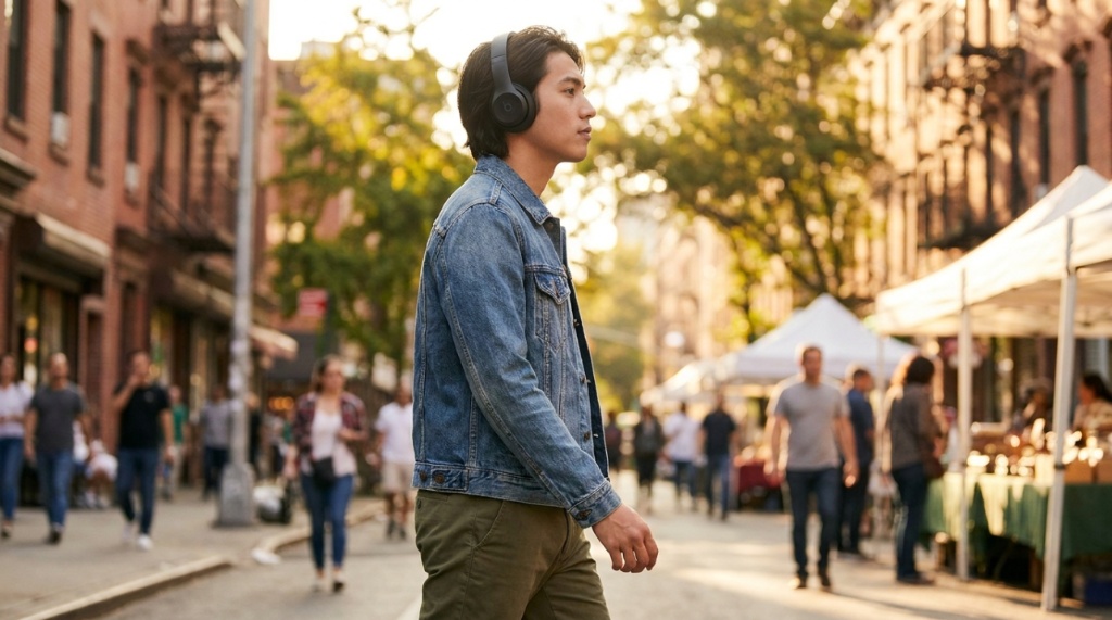 A person wearing matte black Beats headphones while walking down a city street.