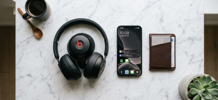 Premium black over-ear headphones resting on a modern wooden desktop stand.