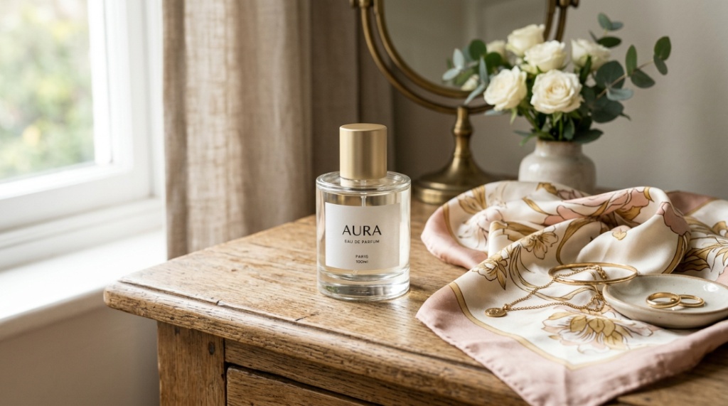 Minimalist perfume bottle on a vanity in soft morning light.