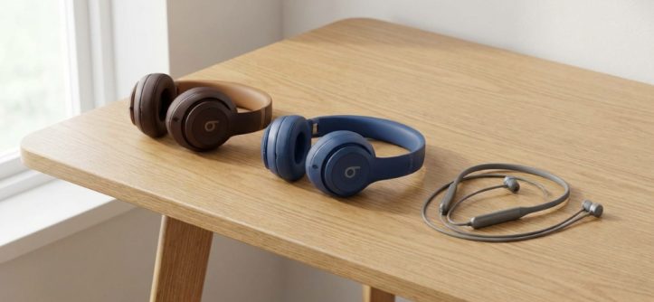 Three different models of Beats headphones arranged neatly on a modern wooden desk.