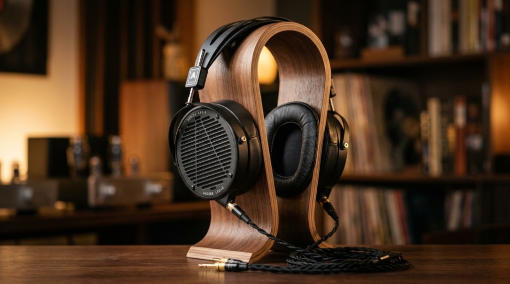 Flat lay of matte black Beats headphones sitting on a clean marble desk surface.