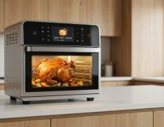 Smart air fryer oven roasting a whole chicken on a kitchen counter.