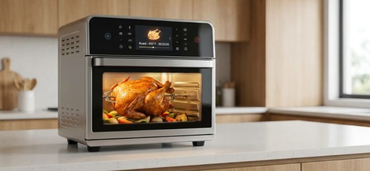 Smart air fryer oven roasting a whole chicken on a kitchen counter.