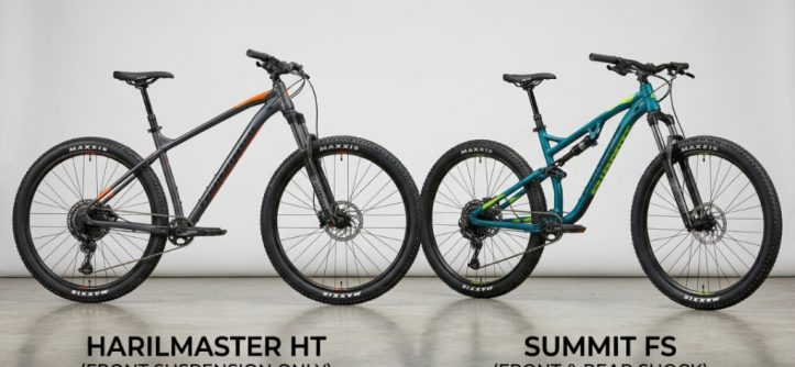 Two entry level mountain bikes standing side by side in a studio.