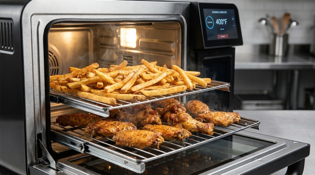 Open multi-tier air fryer oven filled with crispy fries and wings.
