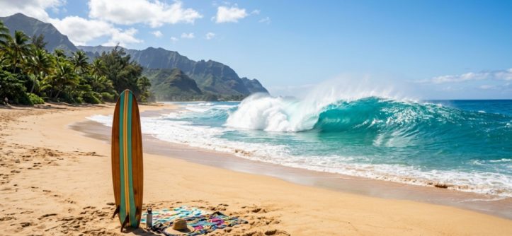 A classic longboard surfboard rests on a sandy beach in front of a peaking Hawaiian wave.