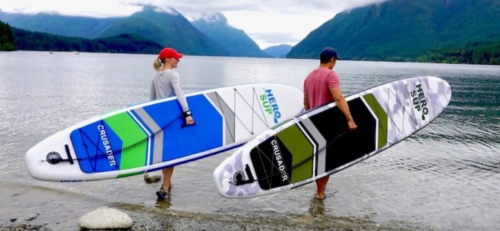 Budget inflatable paddle board floating steadily on calm water